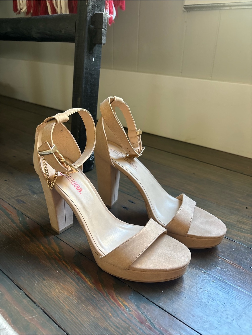 Platform Block Heel Sandals with Ankle Strap - Nude